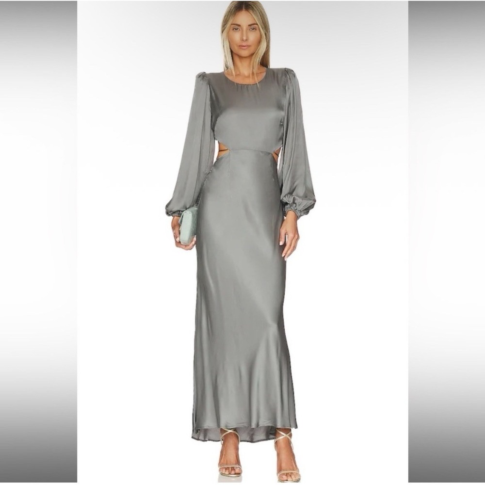 ASTR the Label Quinn Cutout Satin Maxi Dress Size XS Gray Long Sleeve NEW
